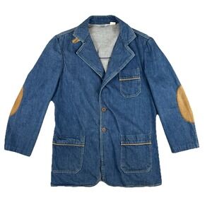 Outlooks Blue 70s Vtg Denim Jacket Womens Sz L Elbow Patches Tailored Buckle USA